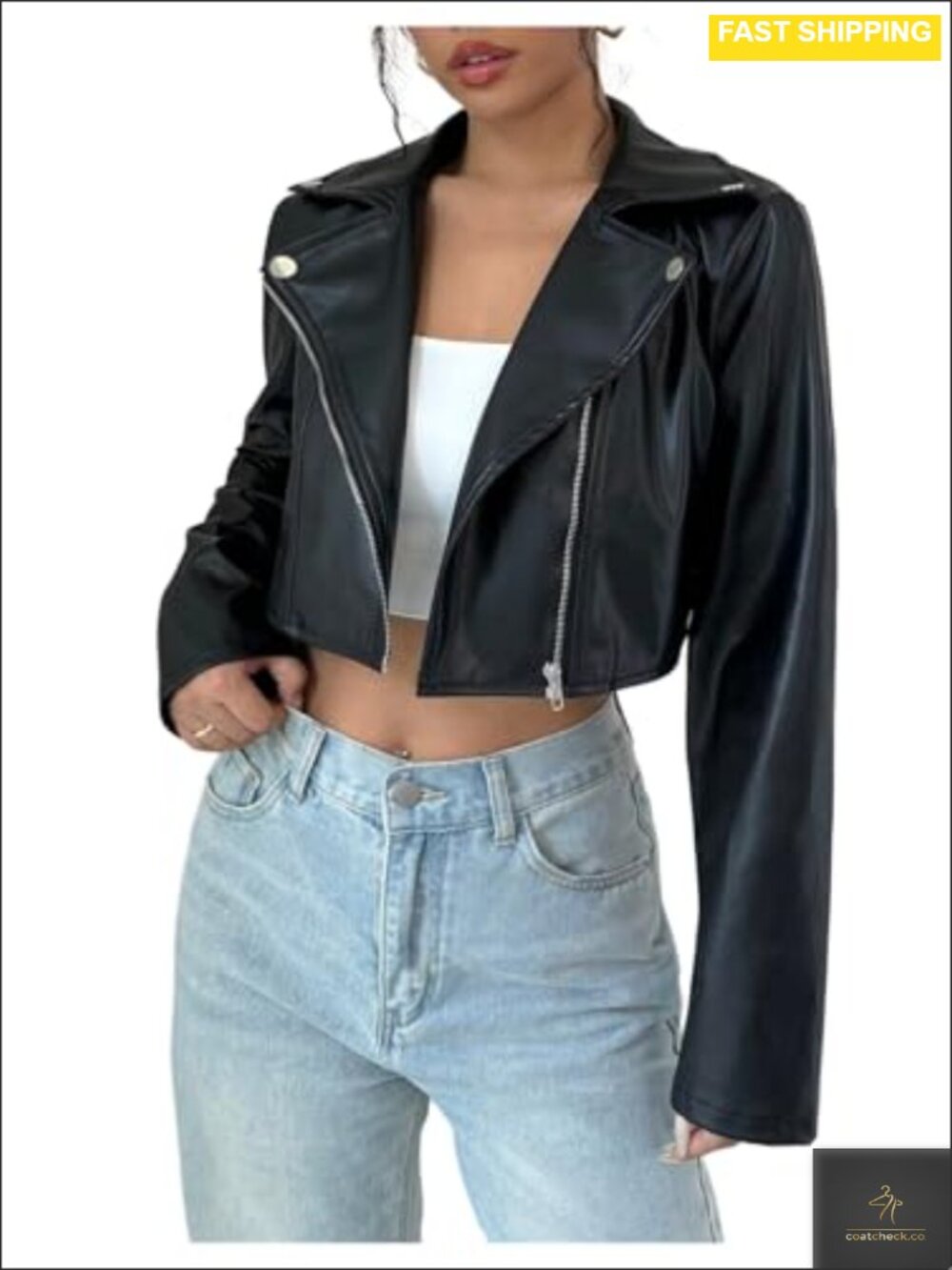 PU Leather Cropped Moto Jacket Zip Up Rave Outerwear